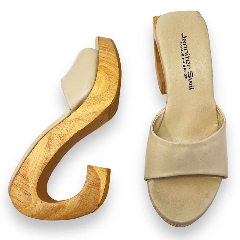 Anthropologie Jennifer Swii Cream Leather Platform Wooden Curved Heel Sandals 7 - Picture 11 of 11